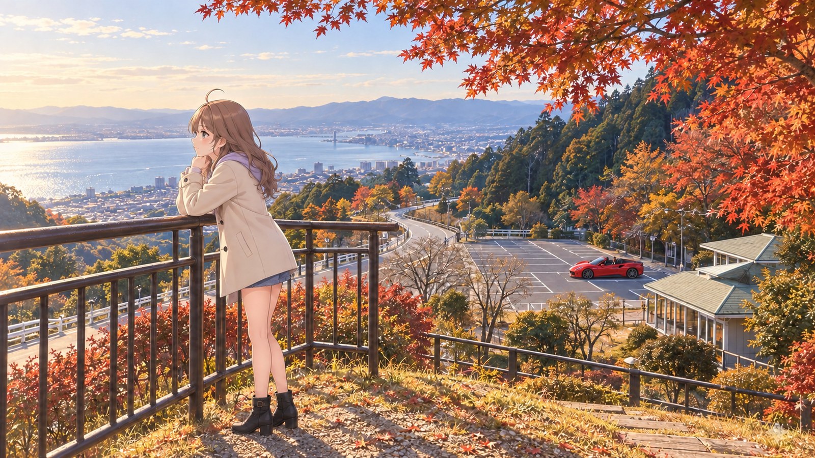 A woman leans on a narrow metal railing at Yumemigaoka in autumn, looking out over Lake Biwa and Otsu. Her red convertible is parked in the lower car park.
