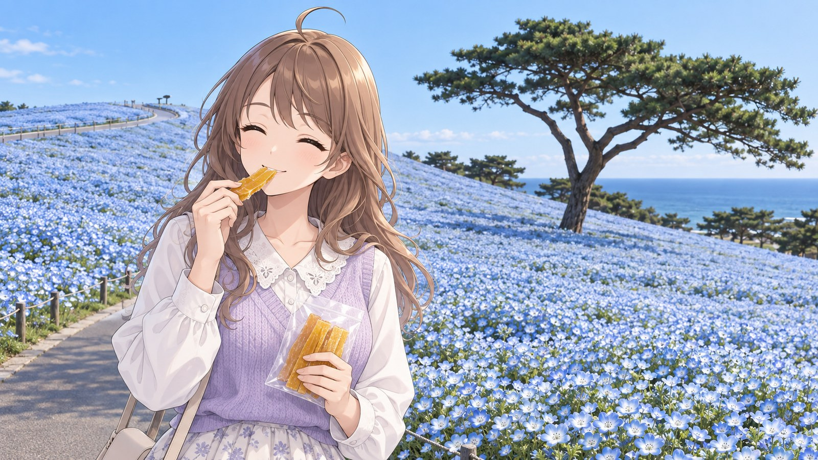 The heroine enjoying dried sweet potato while taking in blue nemophila on Miharashi Hill at Hitachi Seaside Park in spring.