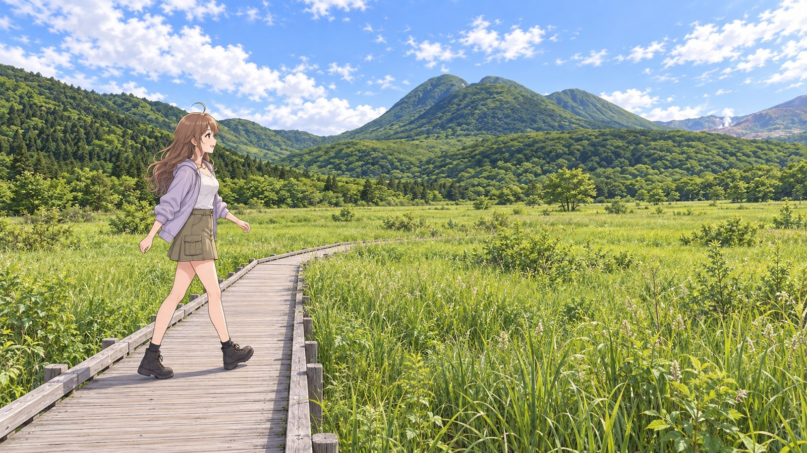 The heroine walks along the boardwalk through Tadewara Wetland in summer, swinging her arms. Rounded peaks of Mount Mimata rise beyond the grassland.
