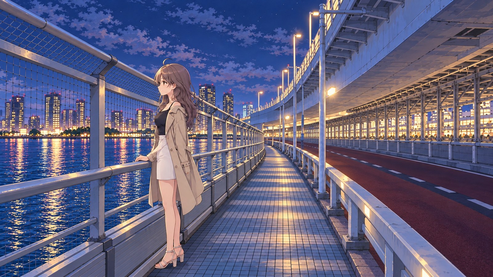 A woman rests one hand on the Rainbow Bridge promenade railing as she looks out over Tokyo Bay at night