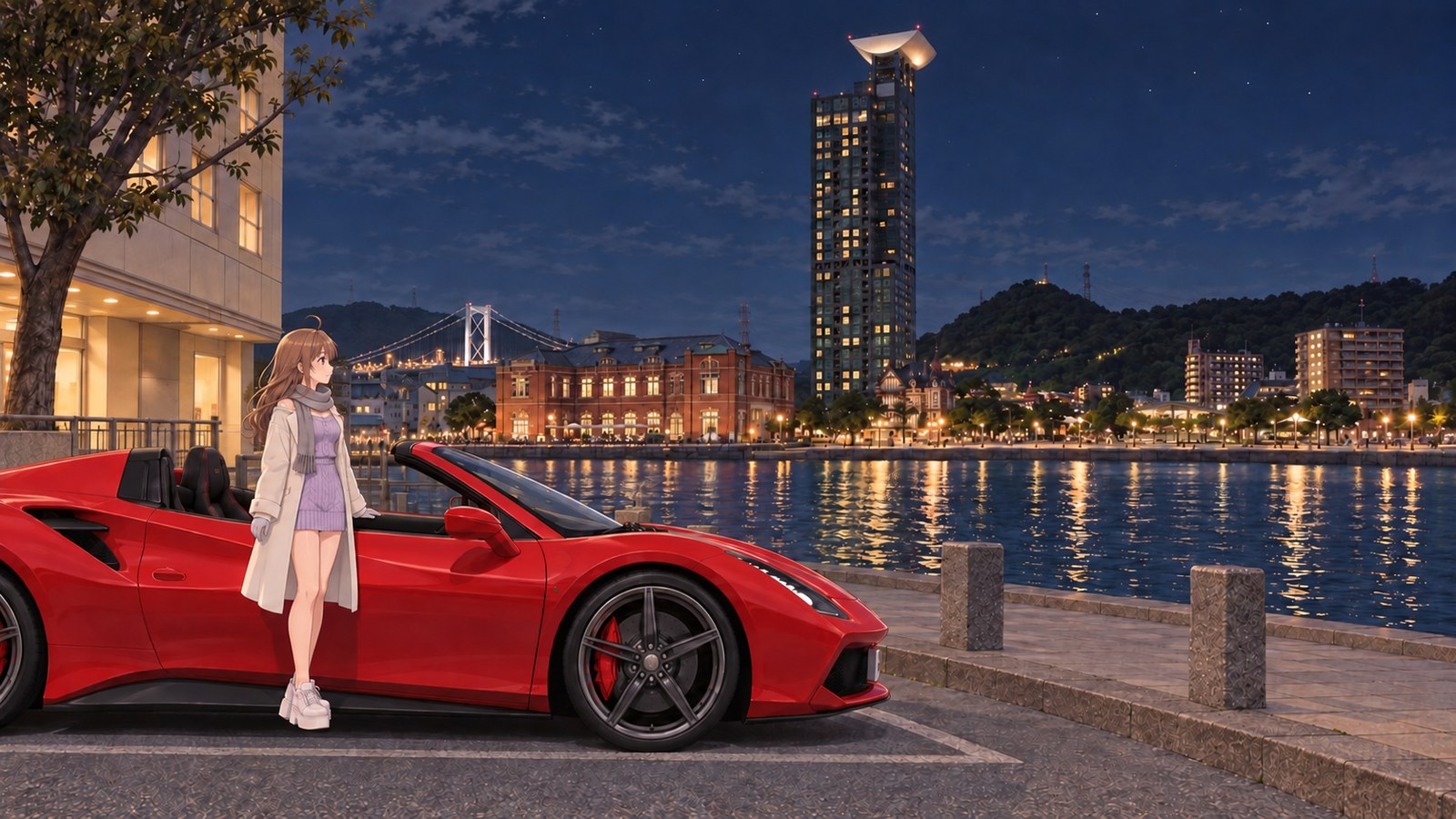 A woman gazes at Mojiko's night view with one hand on the door of her parked red convertible. Across the water are the Former Moji Customs House and a tall tower, with part of Kanmon Bridge visible in the distance on the left.