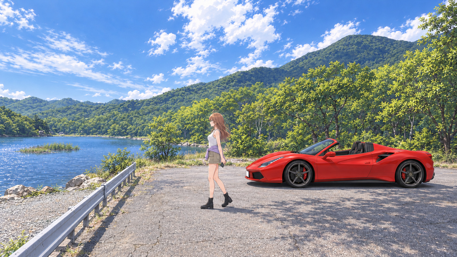 夏の赤城山・大沼の湖畔で、白いタンクトップとカーキのカーゴミニ、黒いブーツ姿の主人公がスマホを下げて歩き始める。右の舗装面には赤いオープンカーが停まっている