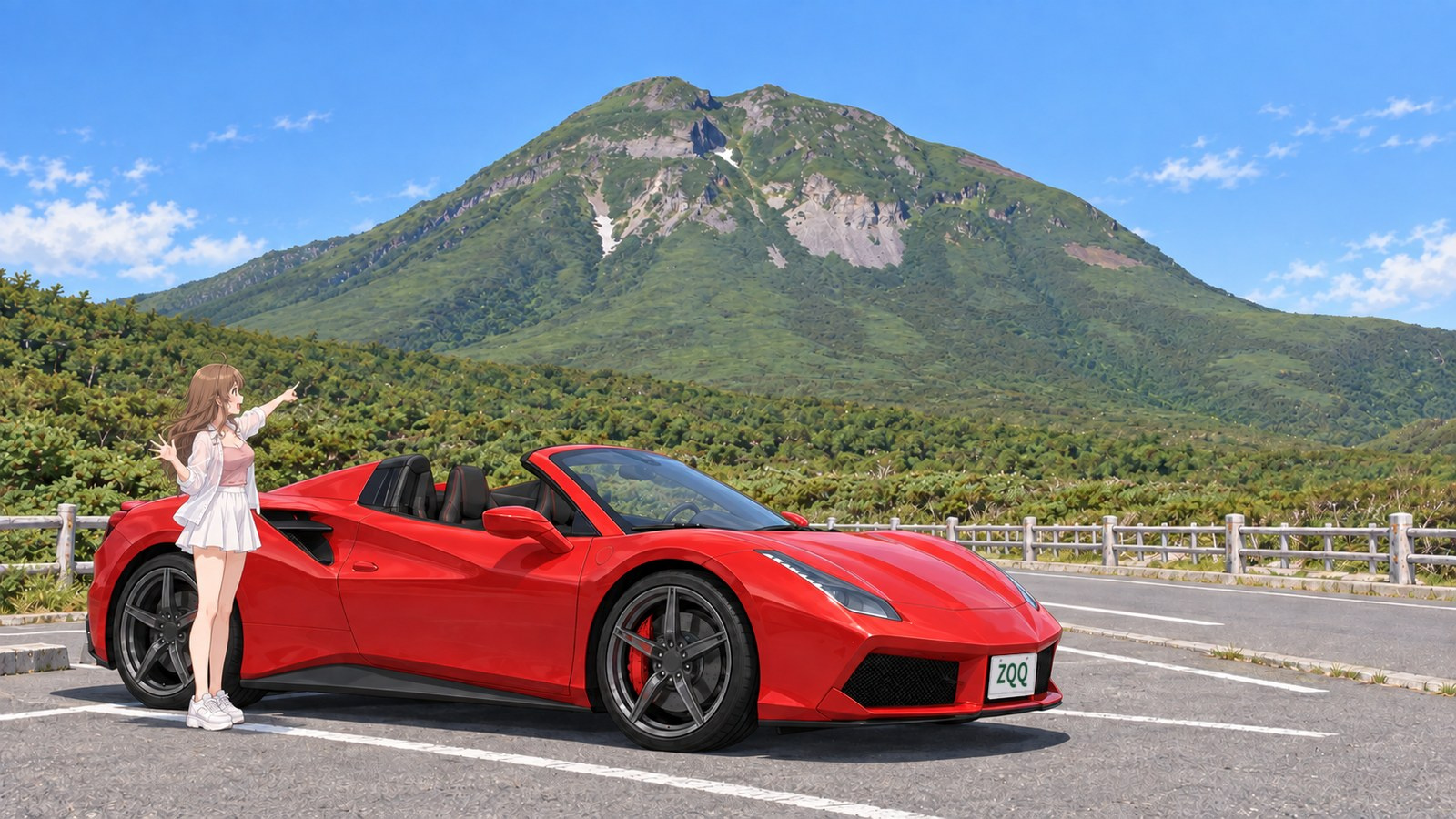 A woman stands beside a red convertible in the Shiretoko Pass car park, pointing in surprise at lingering snow on Mount Rausu.