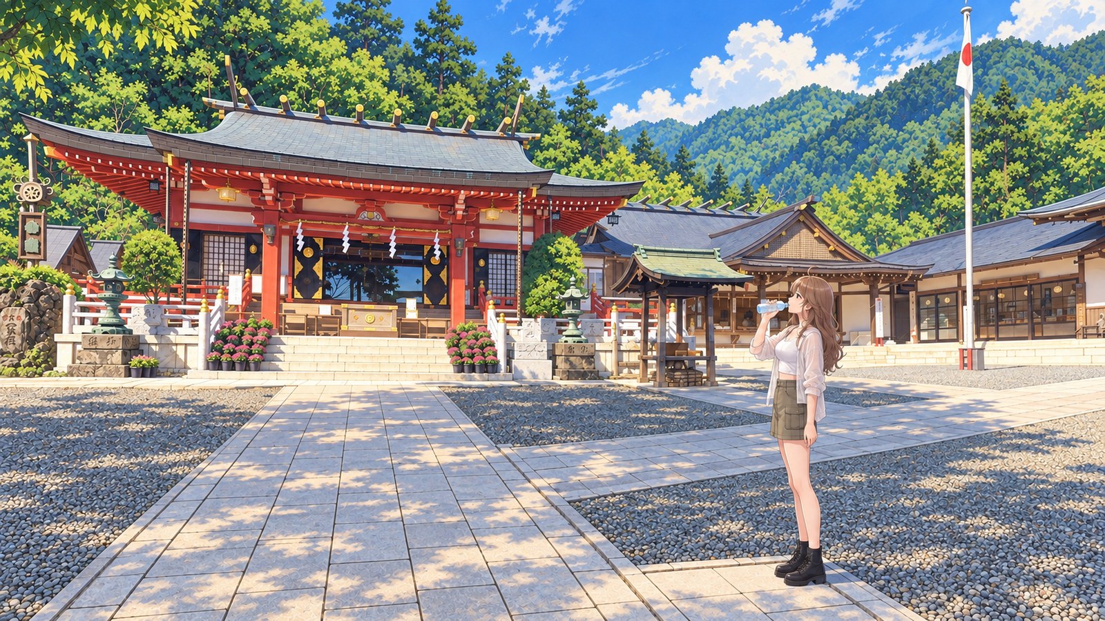Summer at the Lower Shrine of Oyama Afuri Shrine. Against the worship hall and the building to its right, surrounded by deep green forest, a woman in a white tank top, light overshirt, khaki cargo mini skirt and black ankle boots rests on the stone path to the right, bringing a small water bottle to her lips.