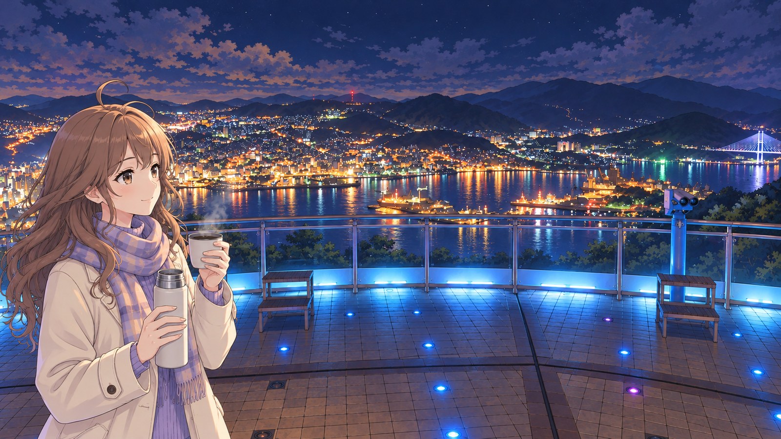 At the Mt. Inasa observatory in winter, a woman in a coat and scarf looks up at the night view around Nagasaki Harbor, holding a thermos in one hand and a cup in the other. A curved glass railing and blue floor lights are visible.