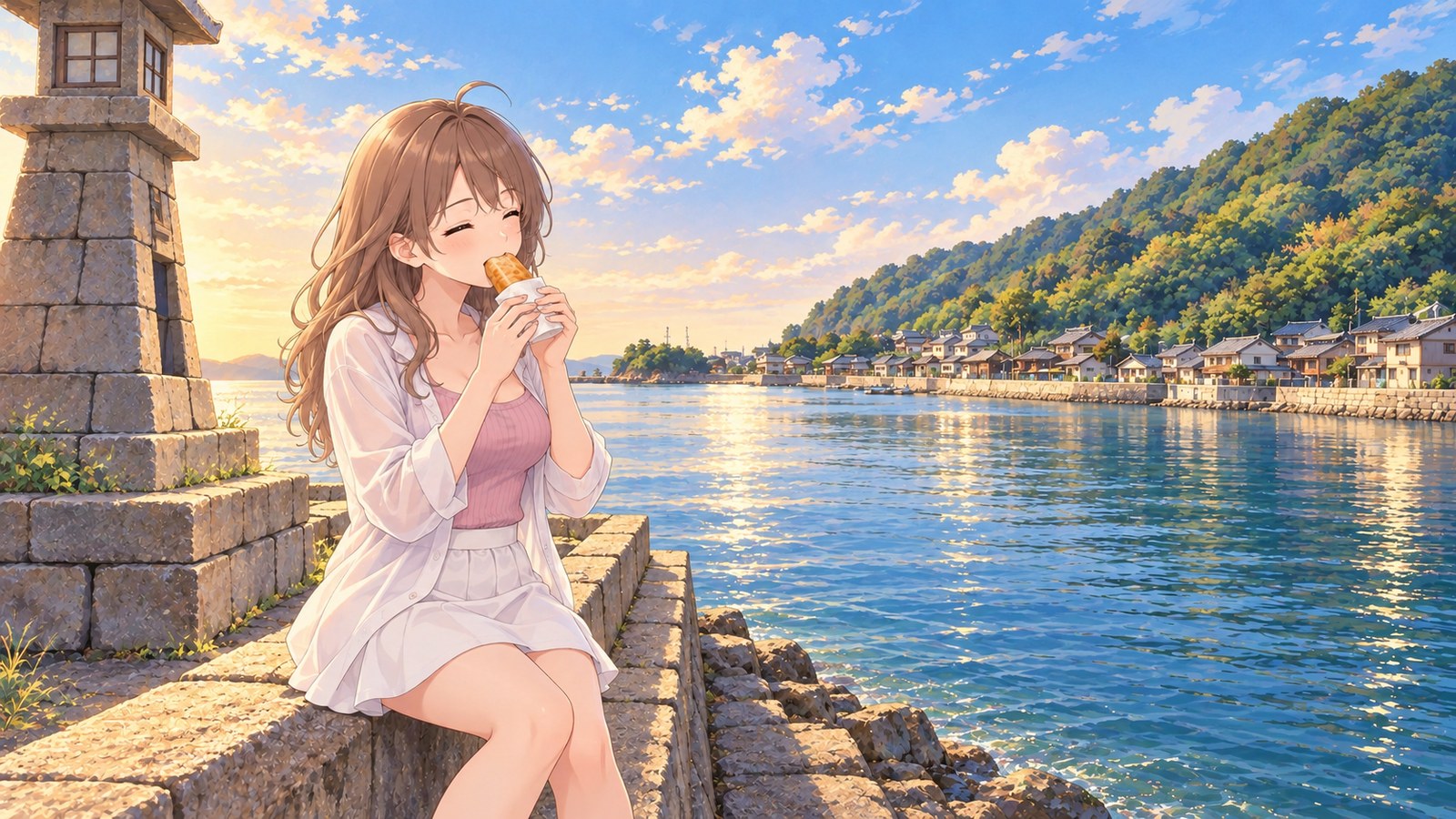 At Tomonoura harbor in spring, a woman sits on the stone edge by the water, eyes closed as she bites into a thick piece of paper-wrapped sea bream chikuwa. The stone lantern and town are behind her.