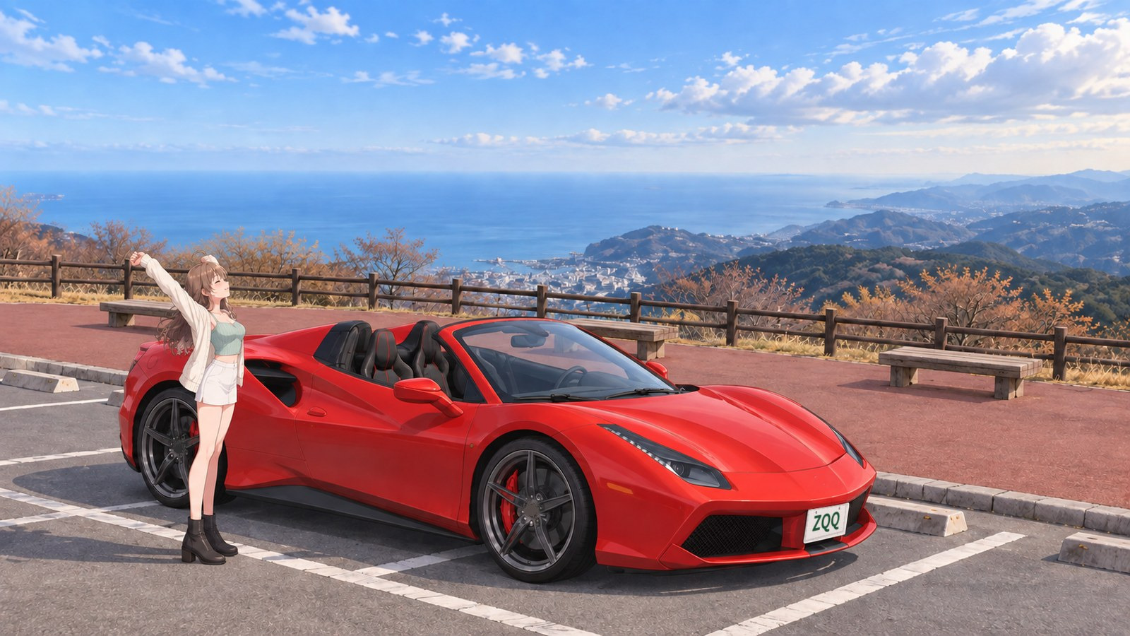 The narrator stretching both arms beside a red convertible, with Sagami Bay and Atami spread out beyond, at the east-side car park at Takichiyama on the Izu Skyline