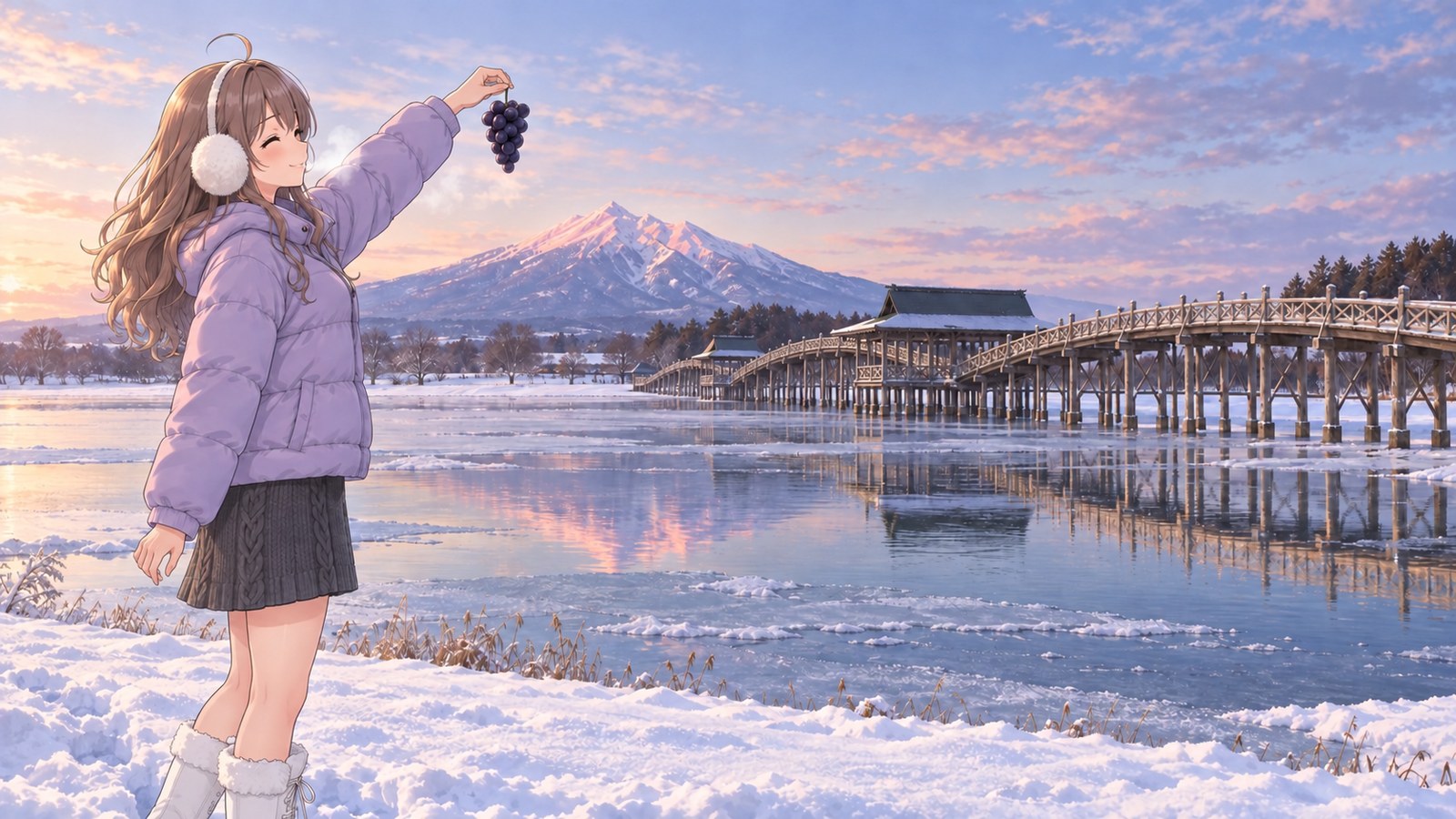 Tsurunomai Bridge, a wooden triple-arch bridge, crosses snow-covered Tsugaru Fujimi Lake, with Mount Iwaki beyond. A woman closes one eye and lines up a bunch of dark purple grapes with the mountain.