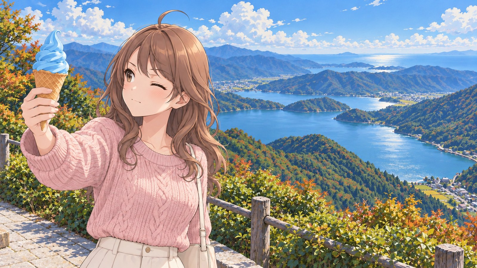 At Summit Park on the Mikata Five Lakes Rainbow Line in autumn, a woman holds blue soft serve beside her face and closes one eye to compare its color with the lake.