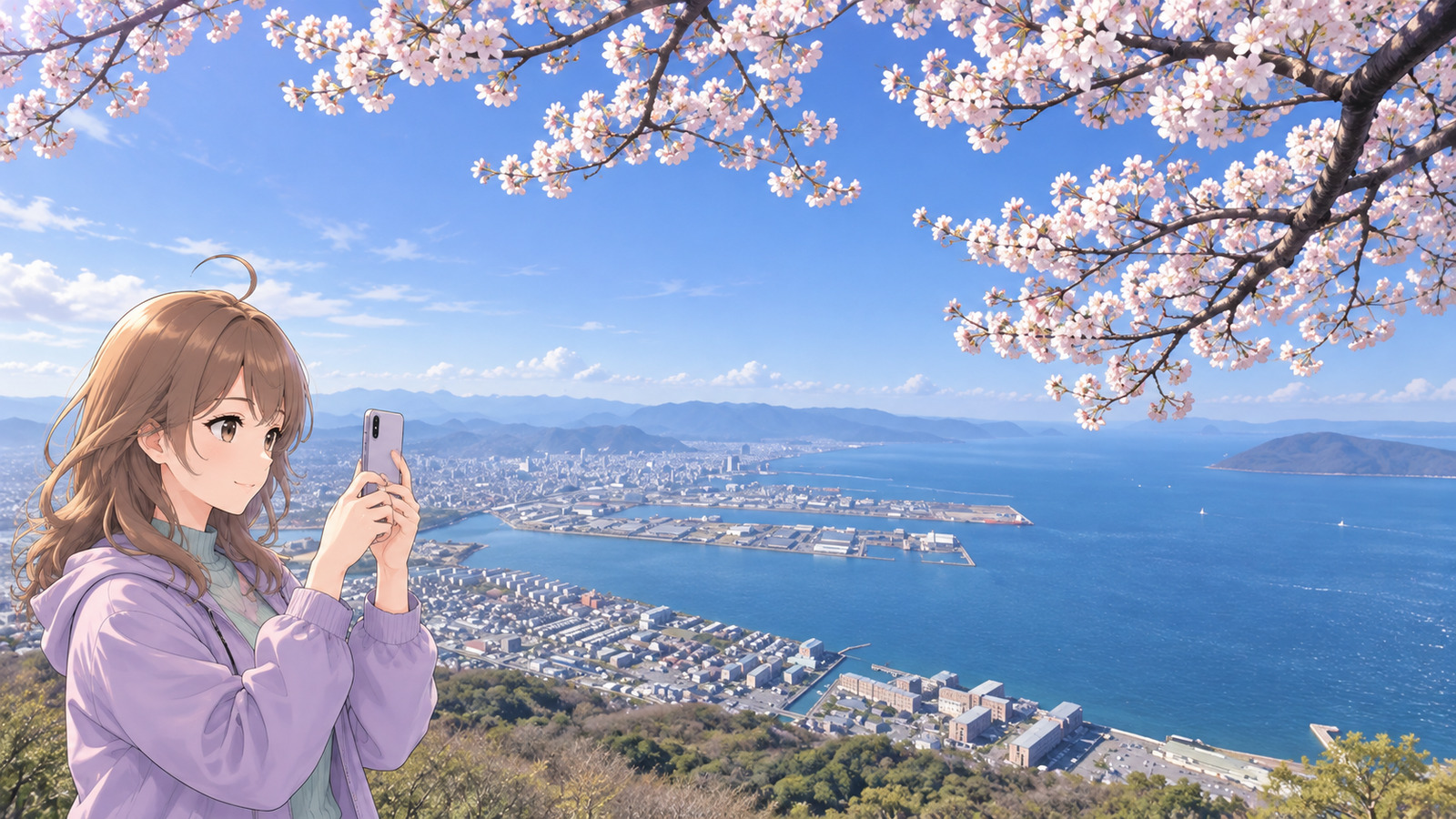 At Shishi no Reigan on Yashima in spring, a woman in a pale purple jacket and mint sweater holds up a smartphone with both hands, ready to photograph the cherry blossoms and Takamatsu's harbour. Blossoms fill the top of the view, with the city and Seto Inland Sea beyond.