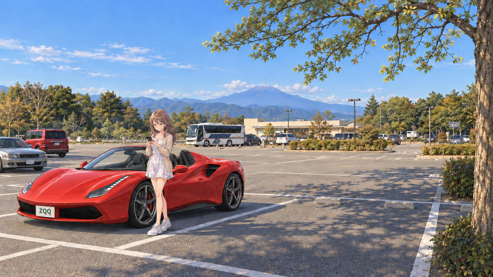 In autumn, in the car park at Nihondaira, a woman in a pale lilac floral dress, beige cardigan and white trainers looks at the smartphone she holds in both hands beside a red convertible. The trees are still partly green, with a low building and Mount Fuji in the distance.