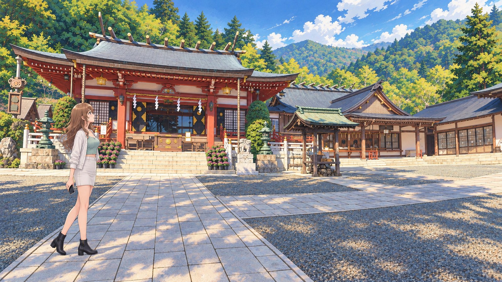 Spring at the Lower Shrine of Oyama Afuri Shrine. In front of the worship hall and the building to its right, with newly budding mountain trees behind them, a woman in a mint ribbed sweater, white cardigan, fitted mini skirt and black ankle boots walks along the stone path with her phone lowered in one hand and looks up at the roof.