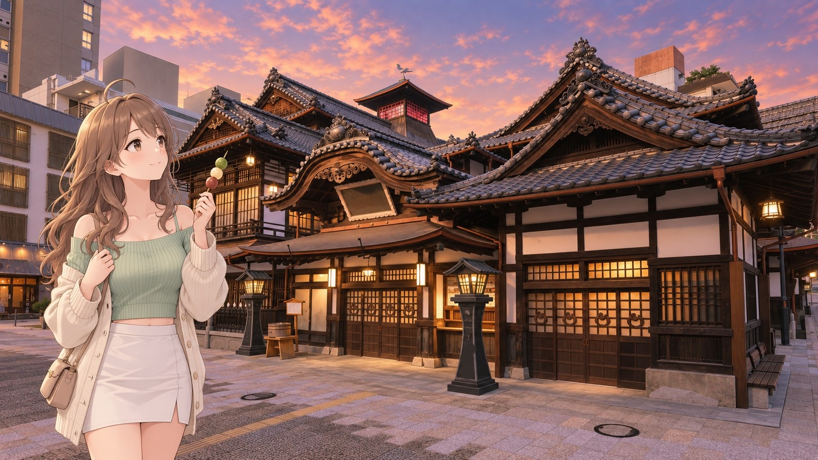 Smiling with a three-colour Botchan dango in hand while looking up at Dogo Onsen Honkan and its rooftop Shinrokaku tower glowing red at dusk.