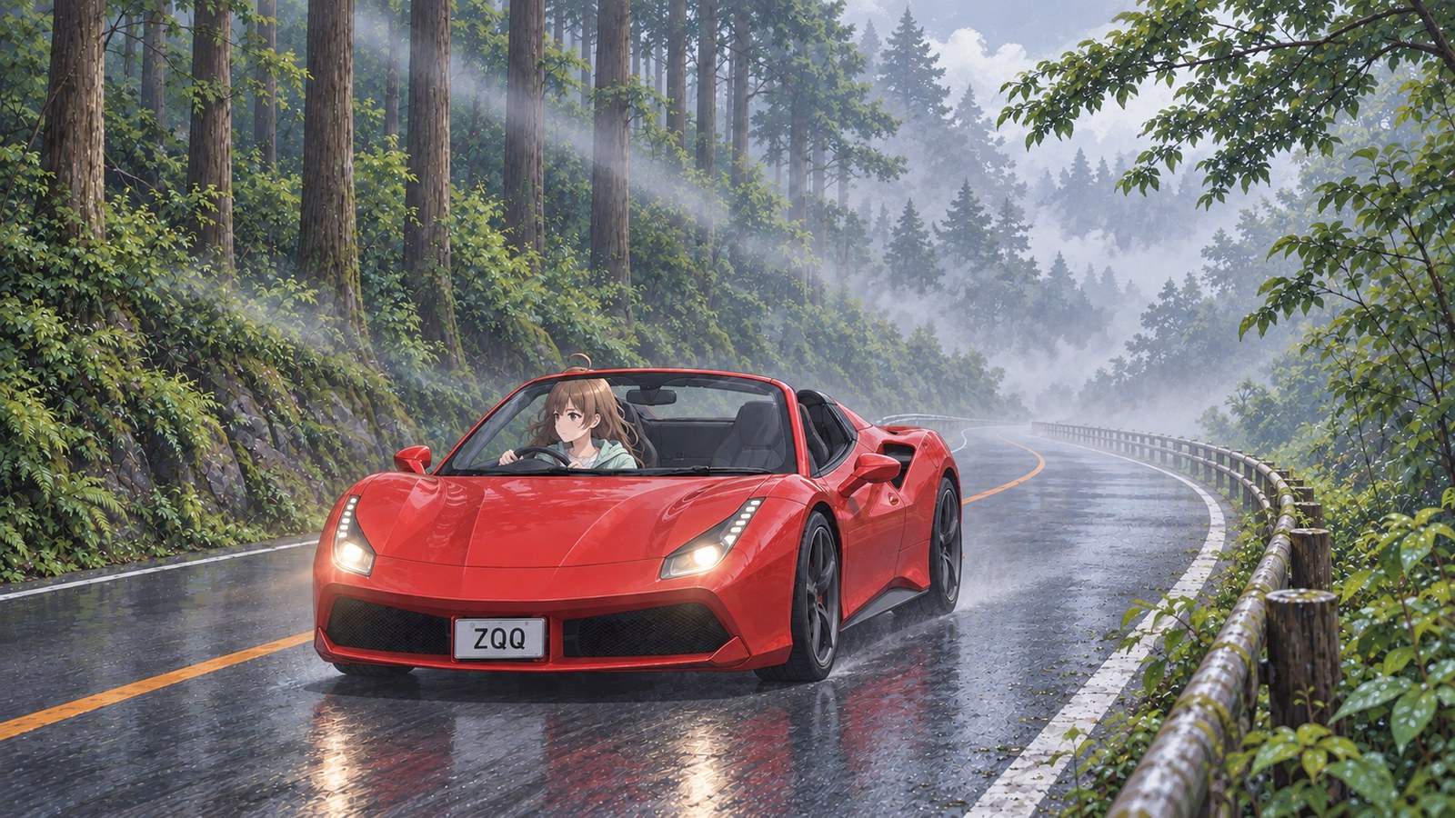 A woman drives a red convertible uphill on National Route 1 through the spring mist, looking ahead with both hands on the wheel