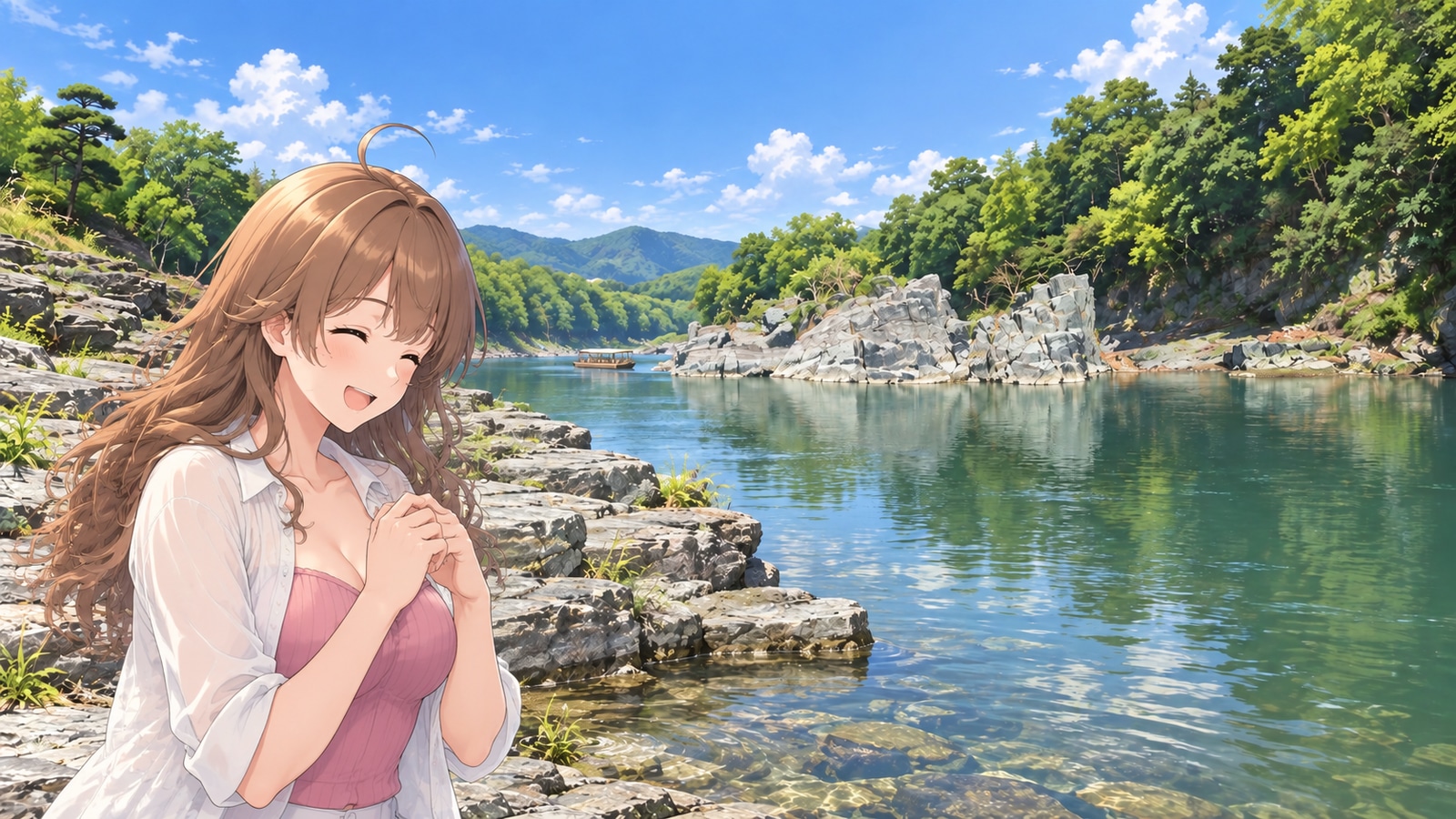 A woman at Iwadatami in summer, smiling with her eyes closed and her hands loosely clasped in front of her chest as the river breeze blows. A small riverboat is visible on the Arakawa in the distance.