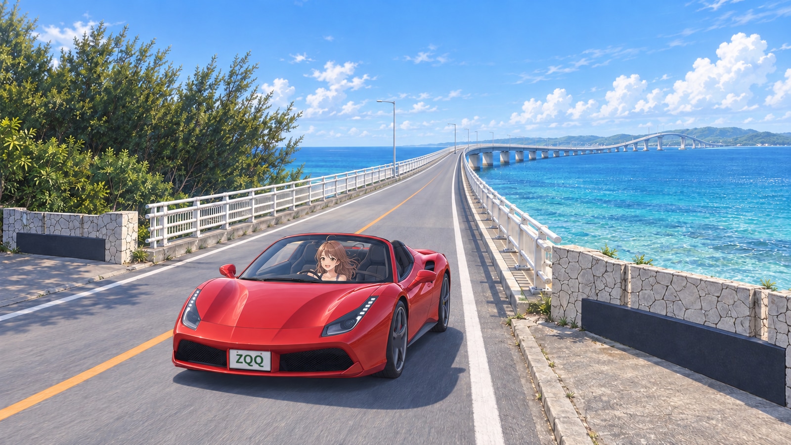 A woman driving a red convertible across Irabu Bridge over the sea, with her eyes on the road and hands on the wheel