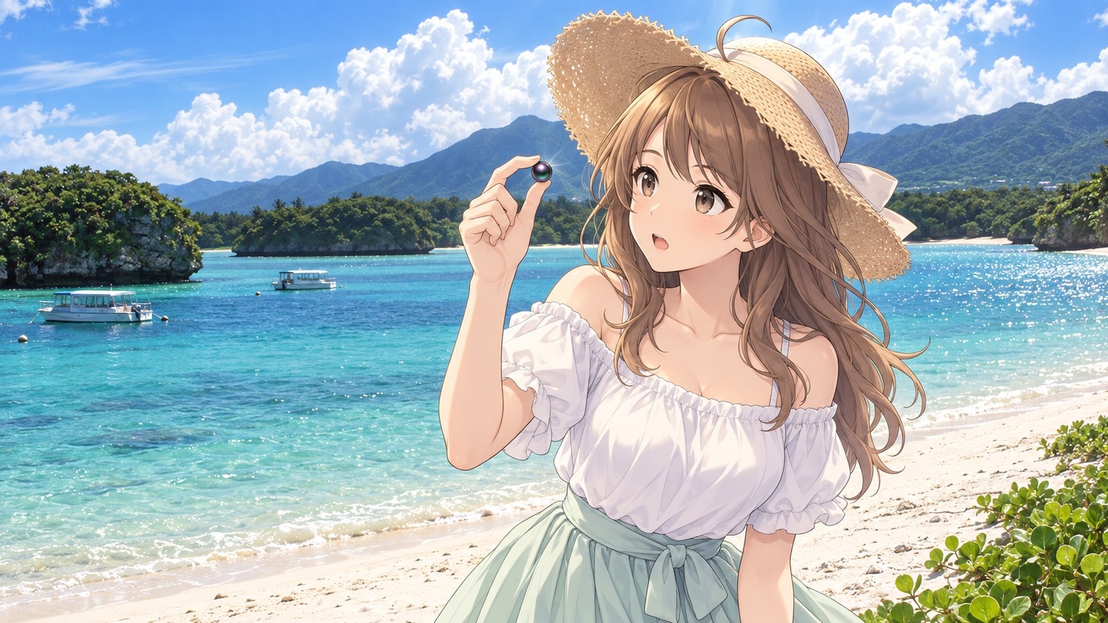 A woman holds a black pearl up to the light between her fingertips; Kabira Bay's sandy beach, green islets, distant mountains, and a glass-bottom boat are behind her