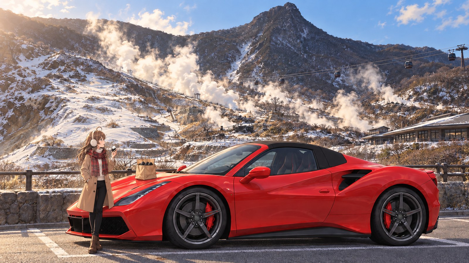 A woman stands beside a red car with its roof up at Owakudani in winter, holding a half-peeled black egg in one hand and looking toward a mountain as a plume rises.