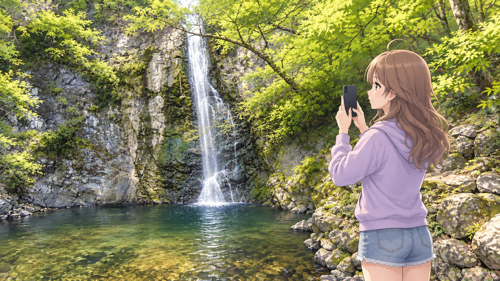 Me in front of Minoh Falls, framed by fresh greenery, wearing a lavender hoodie and denim shorts and comparing the waterfall with the image on my upright smartphone