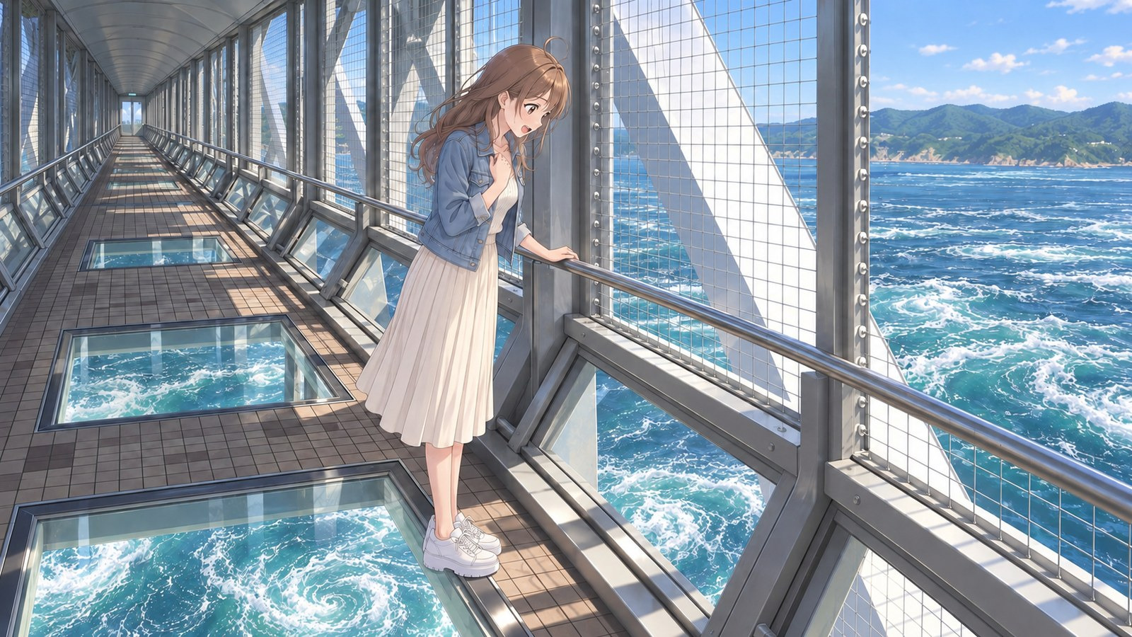 A woman looks down through the glass floor at the Naruto Strait inside the Ōnaruto Bridge. One hand rests on the railing, the other against her chest.