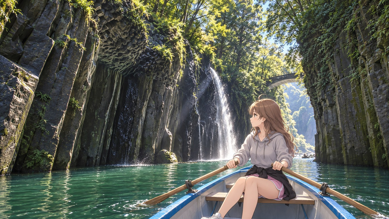A woman holding an oar in a rental boat at Takachiho Gorge, looking up at the columnar rock walls and Manai Falls