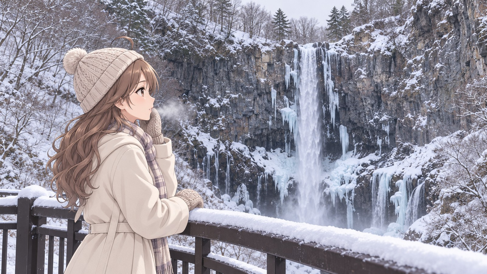 In profile, the narrator gazes at wintry Kegon Falls surrounded by snow and ice, wearing a knit hat and coat with one gloved hand resting against her cheek.