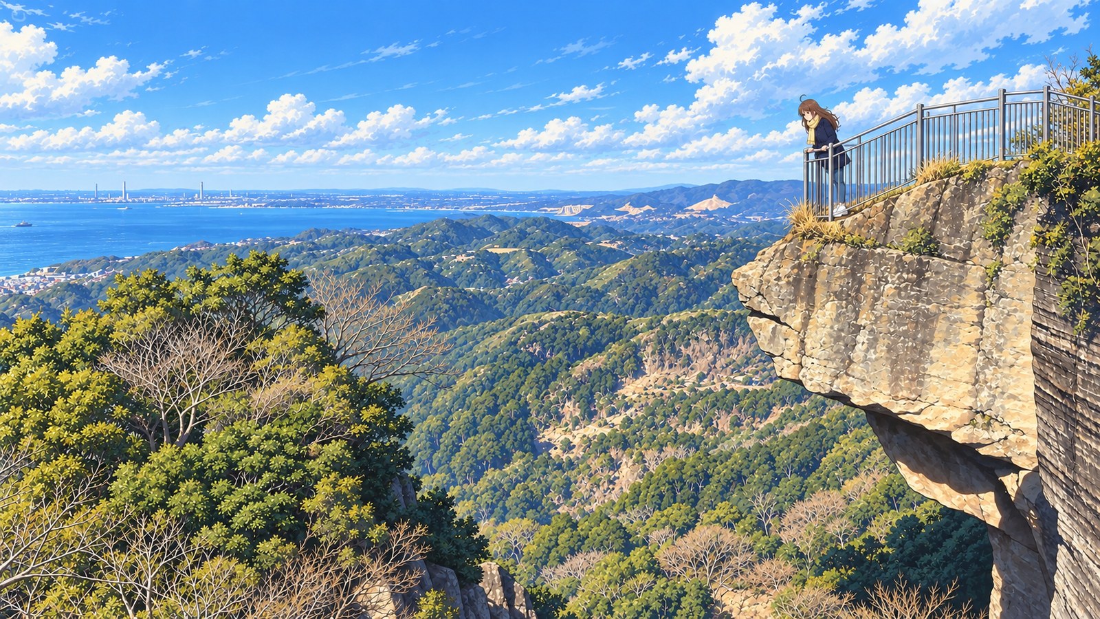 At Jigoku-nozoki on Mount Nokogiri, a woman grips the railing with both hands and looks down from the rock jutting over the valley. The Boso mountains and Tokyo Bay lie beyond.