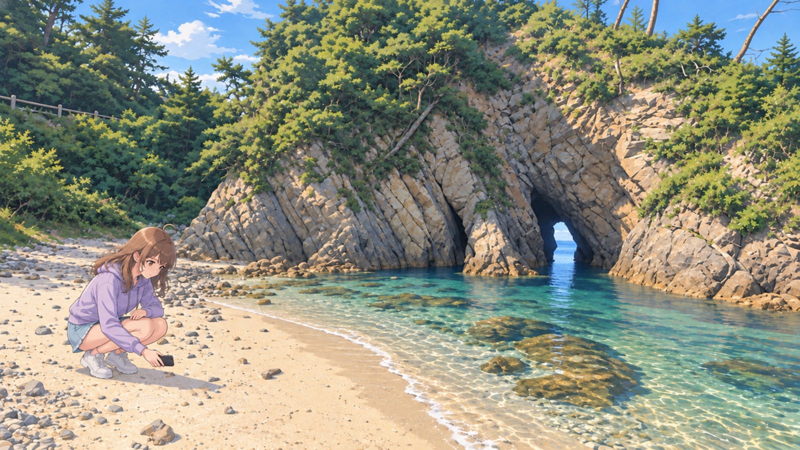 春の浦富海岸・鴨ヶ磯。ラベンダーのパーカーとデニムショートパンツ、不透明なタイツ、白いスニーカーの女性が乾いた砂にしゃがみ、スマートフォンを砂へ向けている。右に浅い海と岩の洞門が見える。