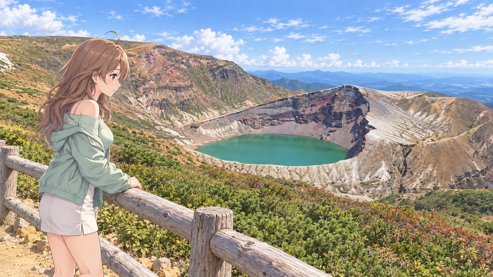 A woman leans on the wooden rail and looks down at the emerald-green Okama, a crater lake ringed by striped crater walls.