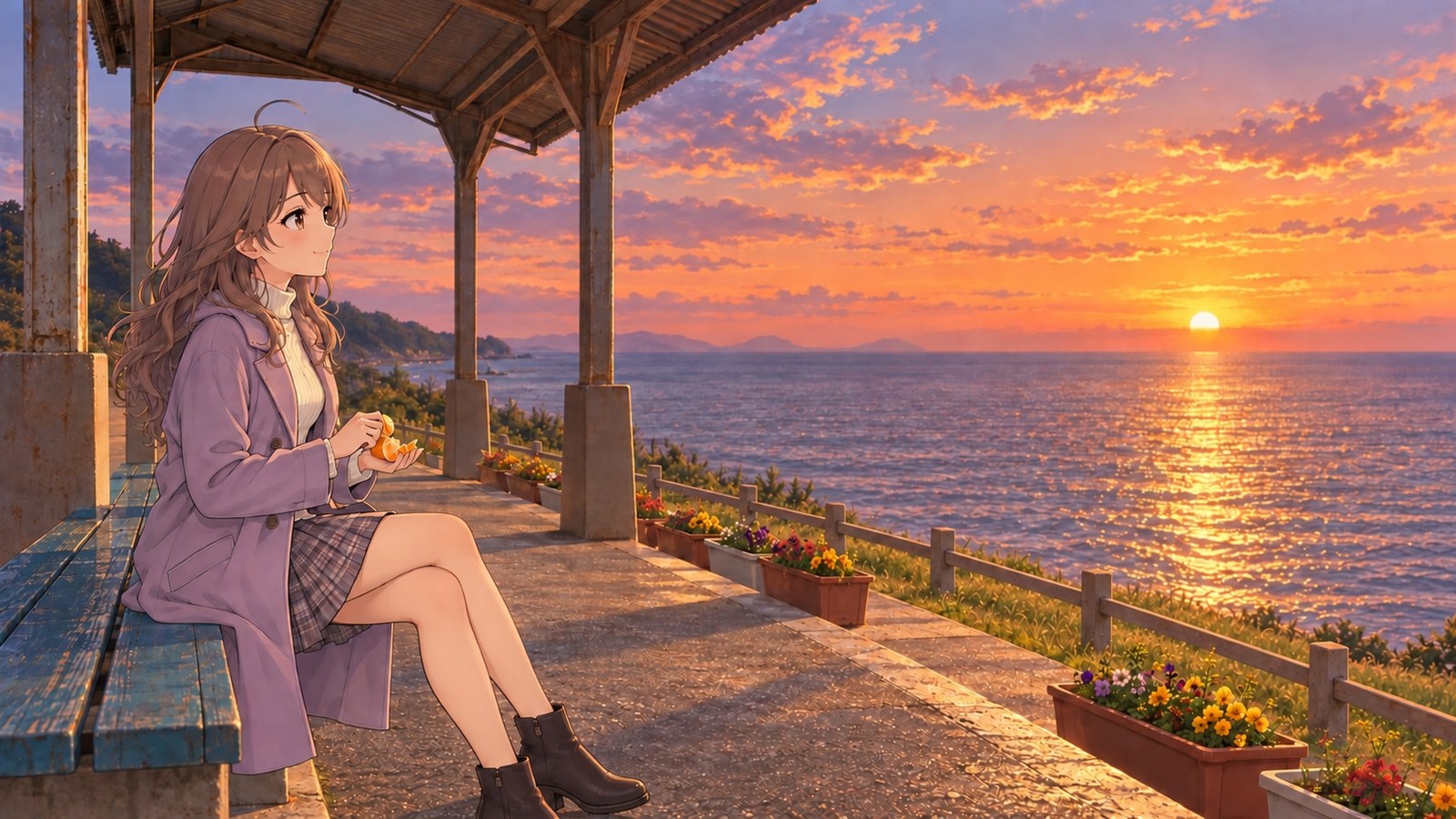 A woman sitting on a bench on the Shimonada Station platform, pausing midway through peeling a mandarin to watch the sun set over the Iyo-nada Sea