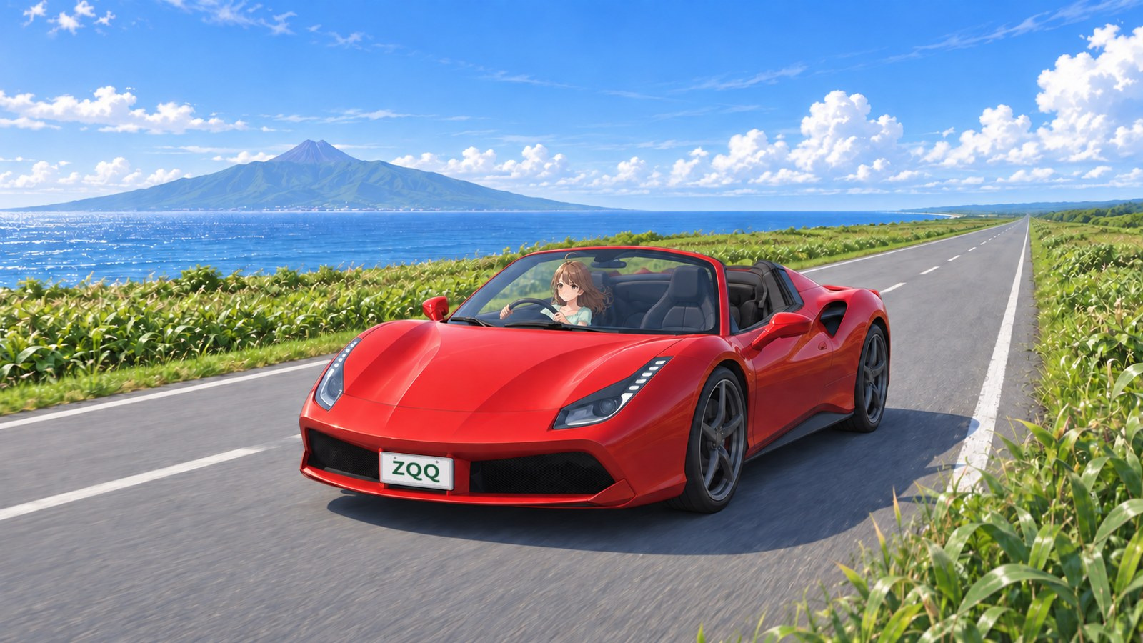 A woman driving a red convertible along a straight road through grassland, with the Sea of Japan and Rishiri Fuji visible to the left