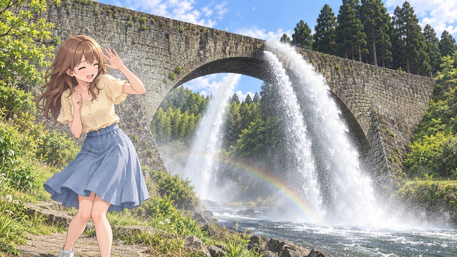 A woman laughs as she raises a hand against the spray on the riverbank beneath a rainbow, while water rushes from the stone arch of Tsūjun Bridge behind her.