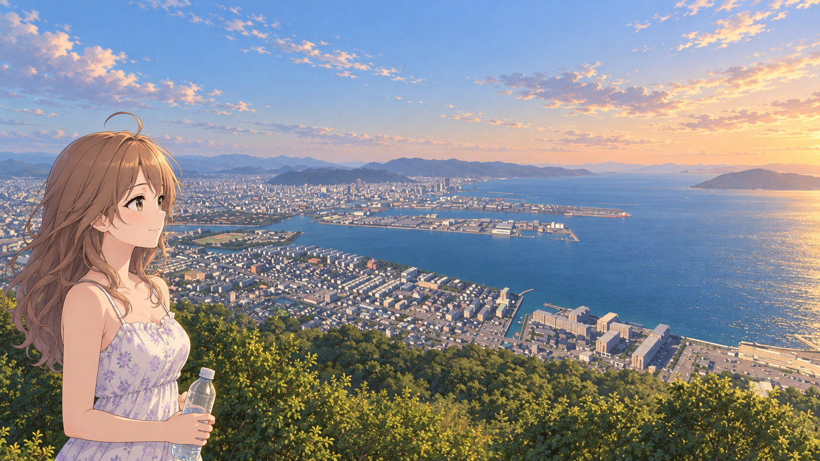 At Shishi no Reigan on Yashima on a summer evening, a woman in a white spaghetti-strap dress with a small floral print holds a plain water bottle by her hip and looks out over Takamatsu's harbour and the Seto Inland Sea. The city is still bright, and evening light reflects on the water.