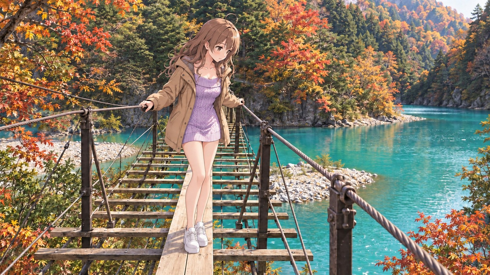 A woman on Yume no Tsuribashi in autumn, standing on the narrow central plank with both hands resting on the cables as she looks down toward the lake. Mountains covered in autumn foliage surround the lake.