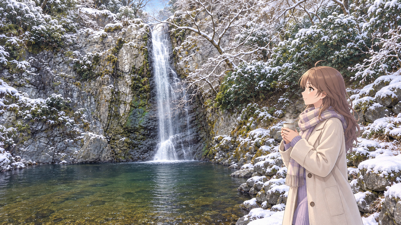 Me in front of Minoh Falls with snow on the branches and rocks, wearing a cream coat, lavender sweater and scarf and holding a cup of hot tea I brought along in both hands