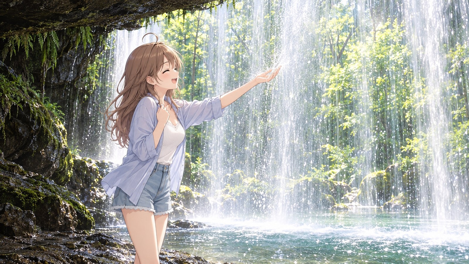 A woman laughs as she reaches toward the curtain of water beneath the rocky overhang at Nabegataki Falls; the forest is visible through the falling water.