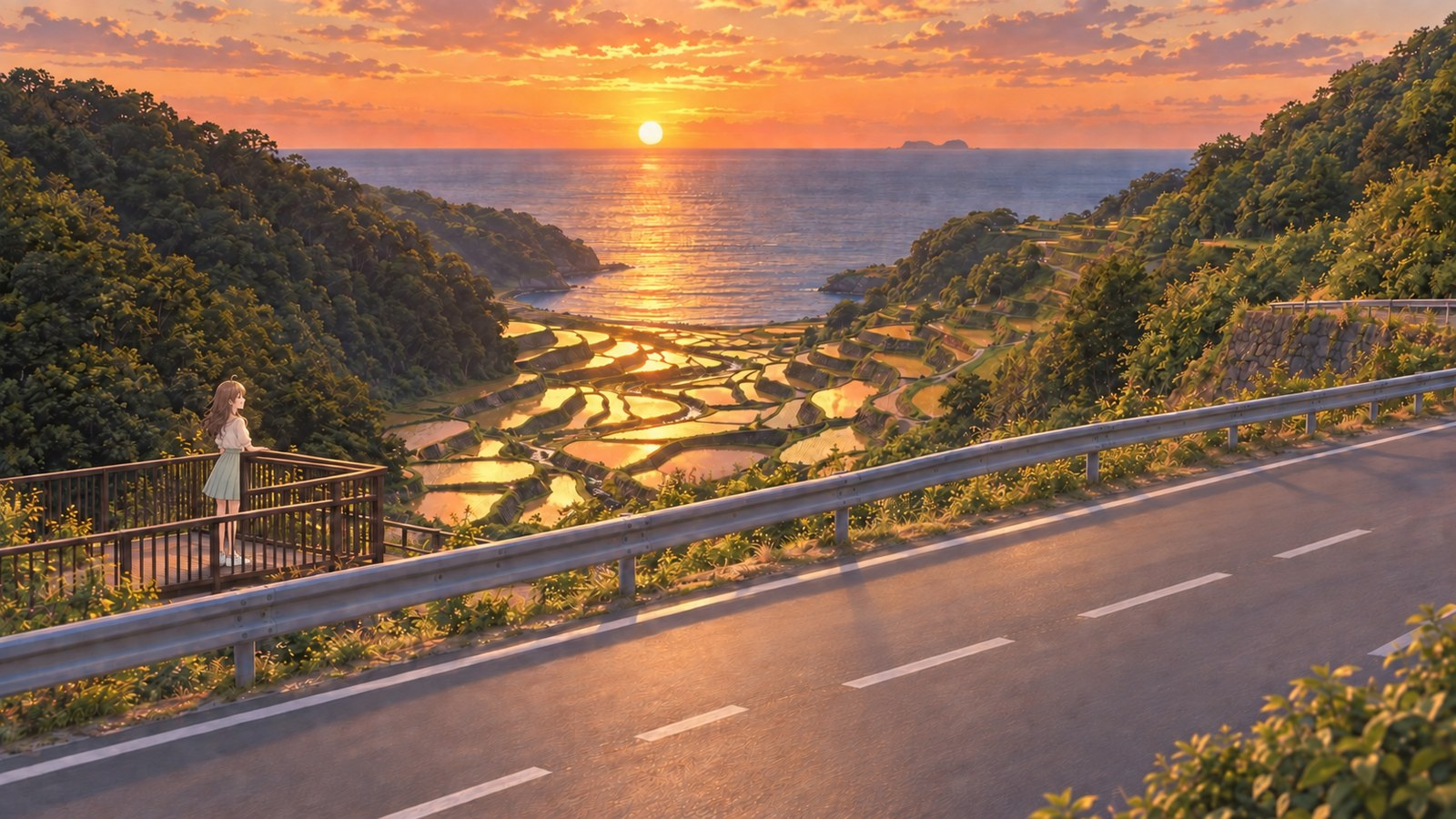 The narrator looks out from the viewpoint over Hamanoura Rice Terraces and the Genkai Sea, with the sunset reflected in both.