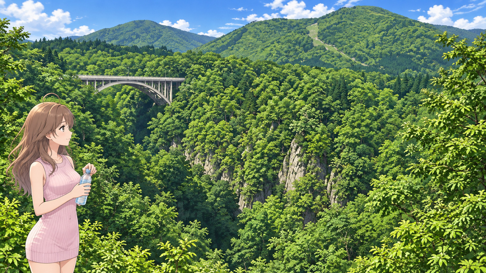 A woman with long brown hair in a pale pink sleeveless rib-knit mini dress, gazing into the valley with a water bottle in one hand and closing its cap with the other, with summer-green Naruko Gorge and Ōfukazawa Bridge in the upper left behind her