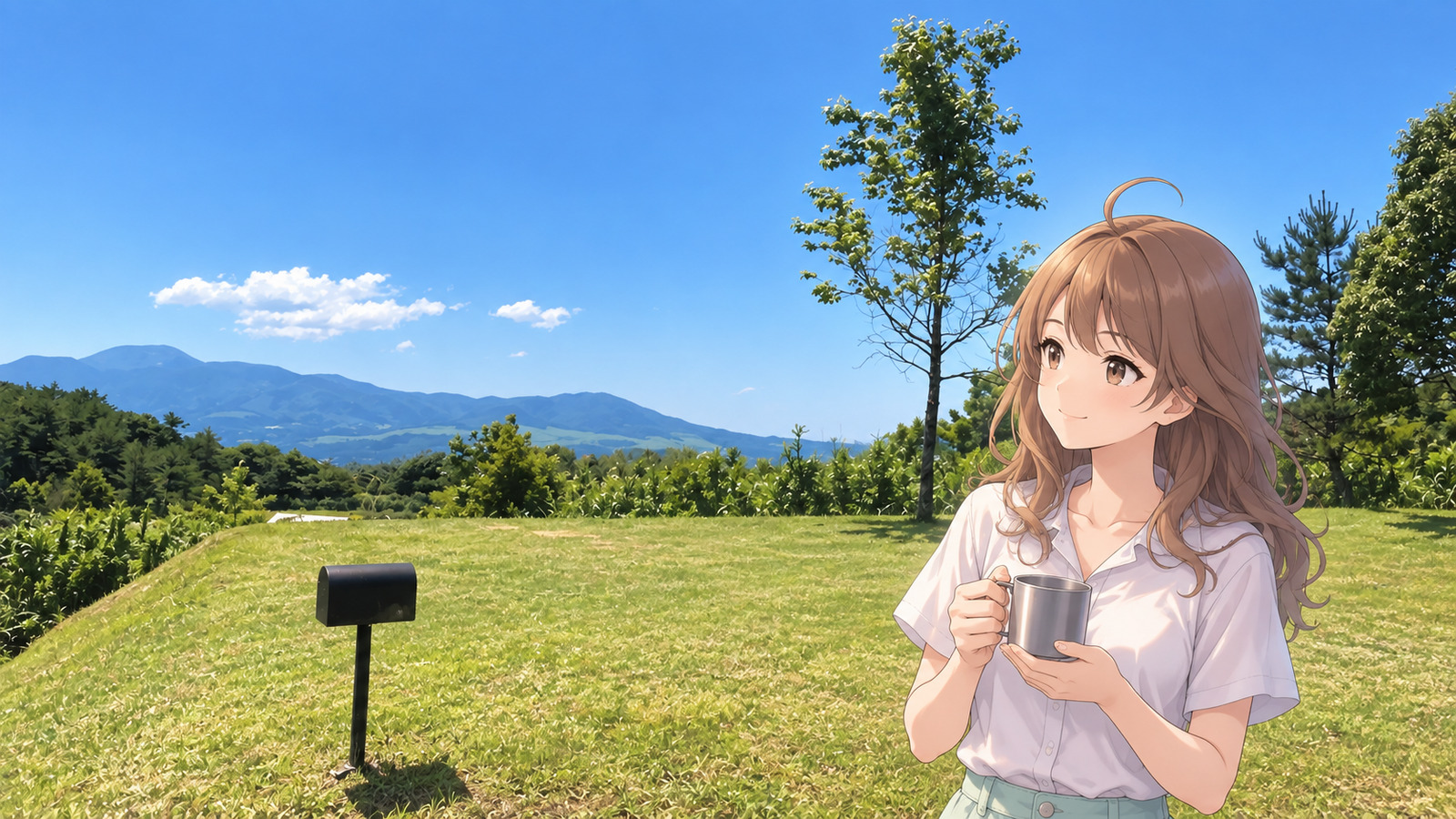 A woman wearing a white short-sleeved blouse looks out at the mountains at Yatake Highlands Belton Auto Campground in summer. In the right foreground, she is shown from the waist up, holding a metal mug by its handle in one hand and supporting its base with the other. Beyond her are grass and trees, with overlapping mountain ridges stretching from the left to the center.