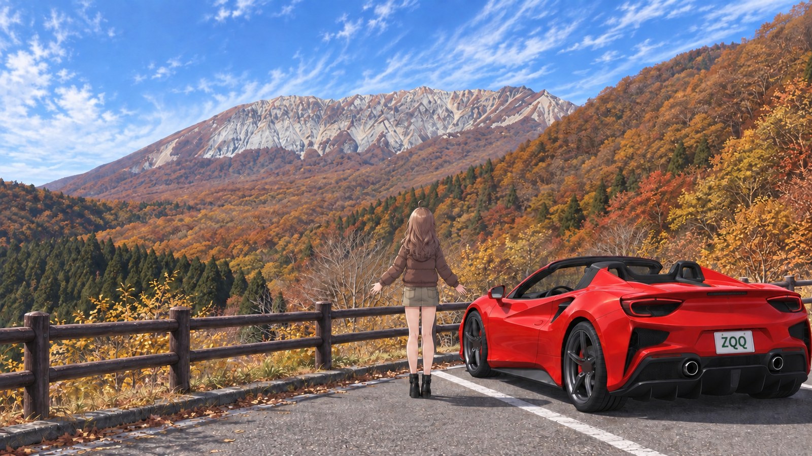 A woman seen from behind stands beside a red convertible, looking toward Mount Daisen's southern cliffs rising beyond an autumn-coloured beech forest. She has her arms outstretched in front of a wooden fence around a paved parking area.