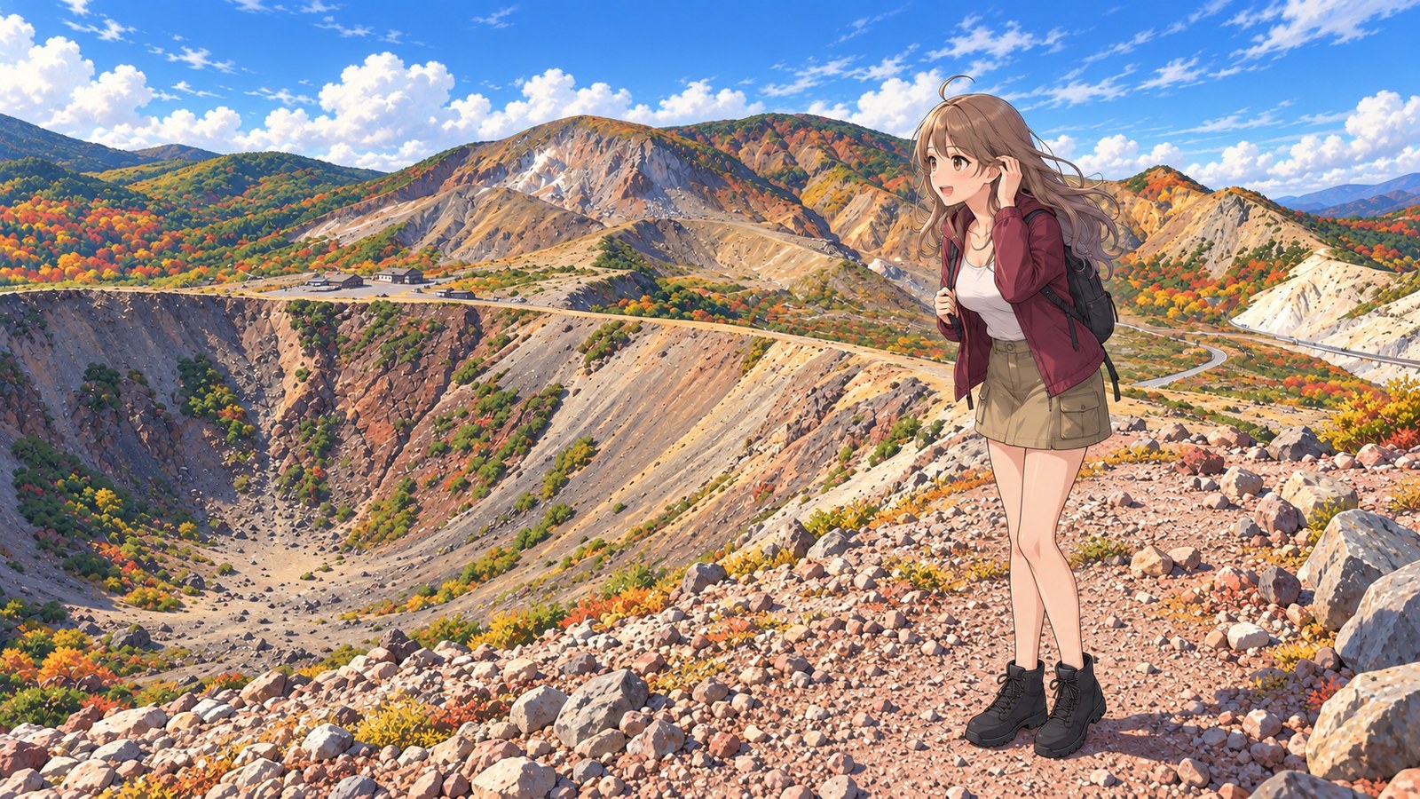 A woman stands at the rim of Azuma-Kofuji’s bowl-shaped crater, holding her hair against the wind as she peers inside. Jododaira and autumn foliage lie in the distance.