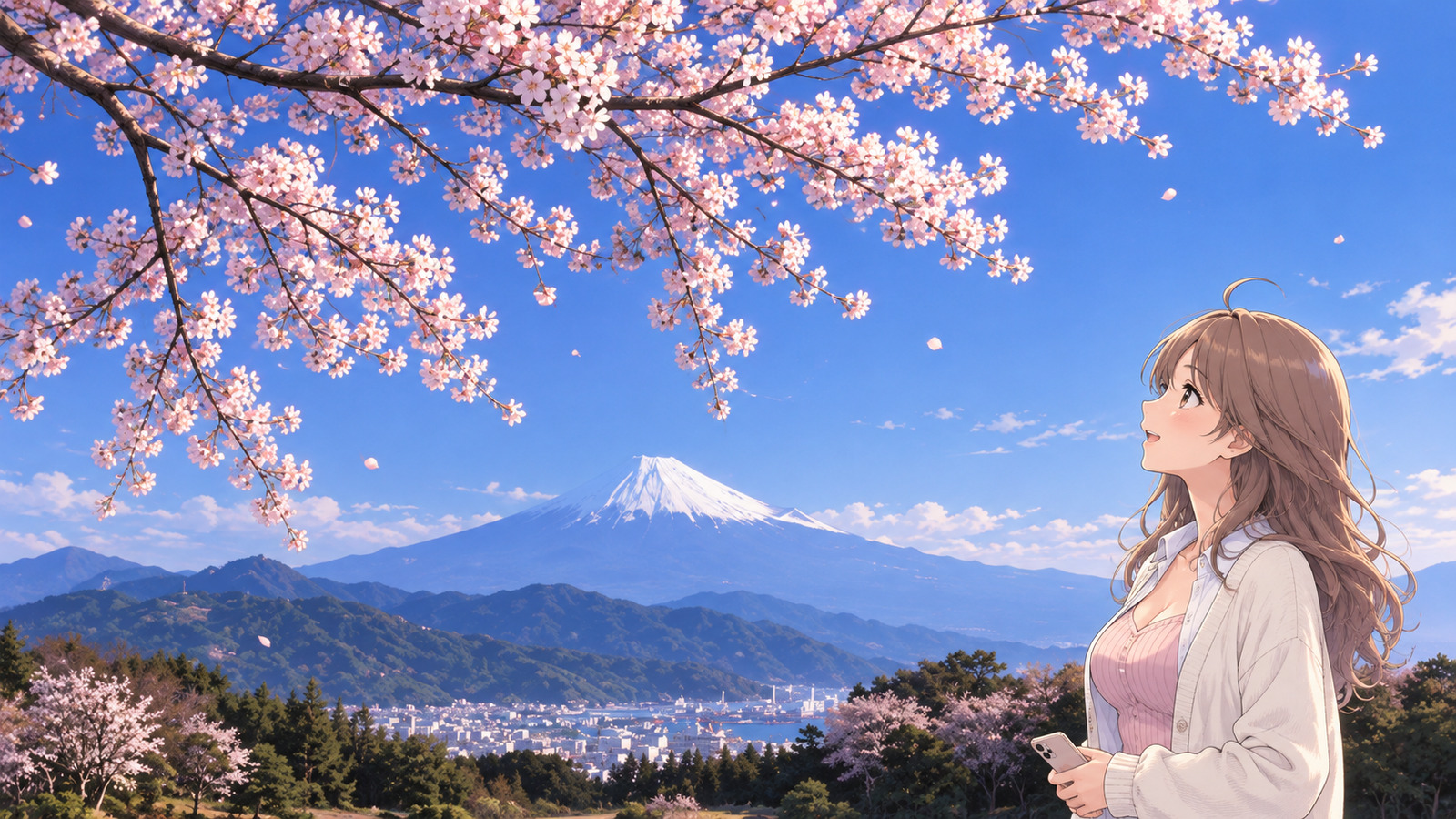 In spring at Nihondaira, a woman in an ivory cardigan over a white shirt and pink top lowers her smartphone to look up at cherry blossoms, with Mount Fuji in the distance.