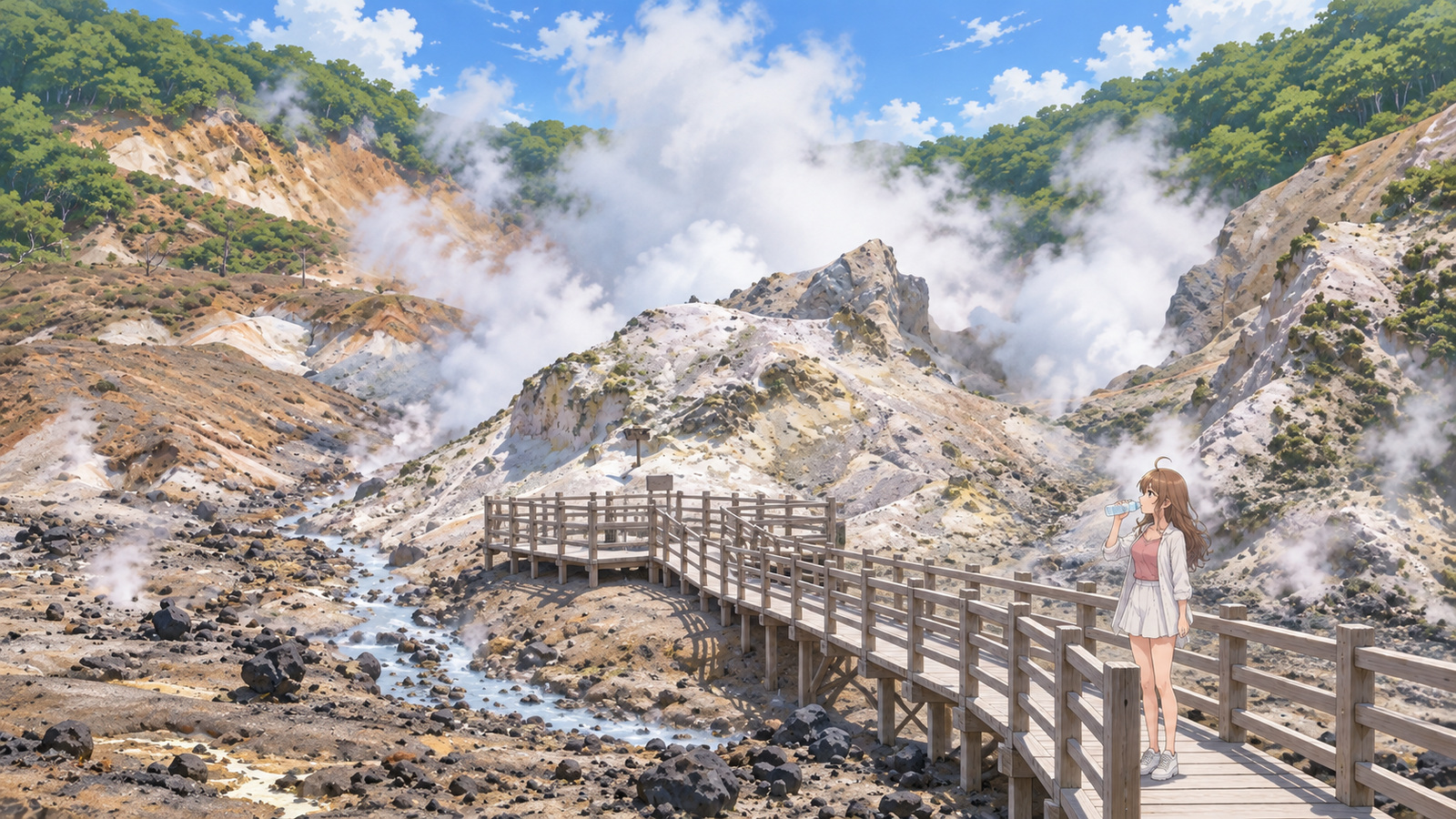 夏の登別地獄谷。右下から中央左の小さな見学デッキへ続く木道で、白いシャツとピンクのトップス、白いミニスカートの主人公がボトルの水を飲む。柵の向こうには岩と細い流れ、噴気が広がる