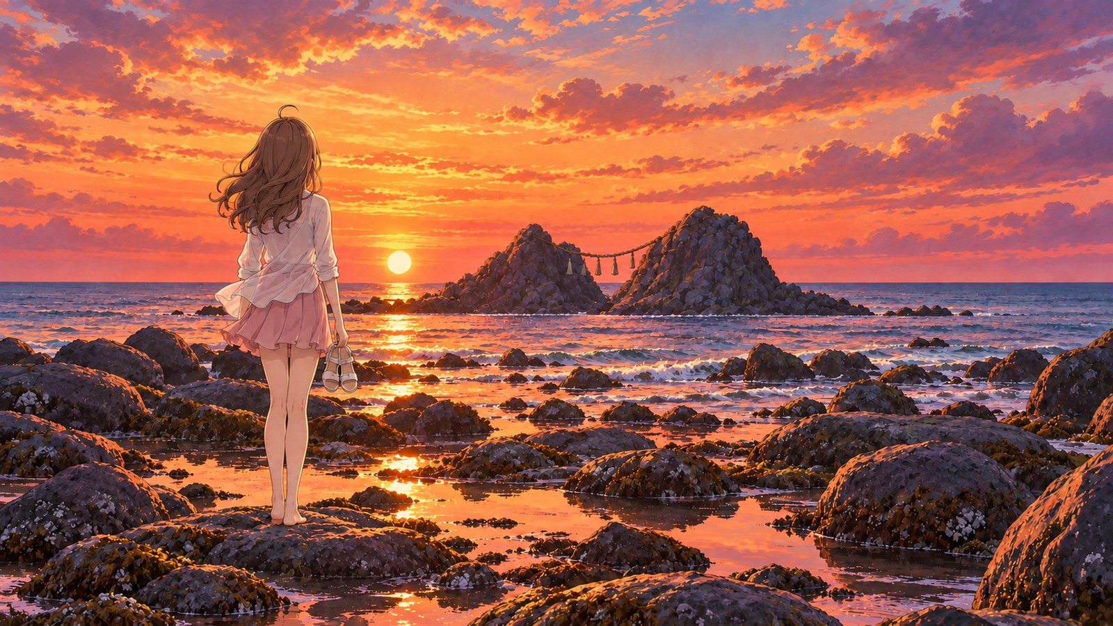 Seen from behind, a woman stands barefoot on a low rock by the shore at Sakurai Futamigaura, holding sandals in her right hand as she watches the sun set to the left of the Meoto Iwa rocks joined by a sacred shimenawa rope.
