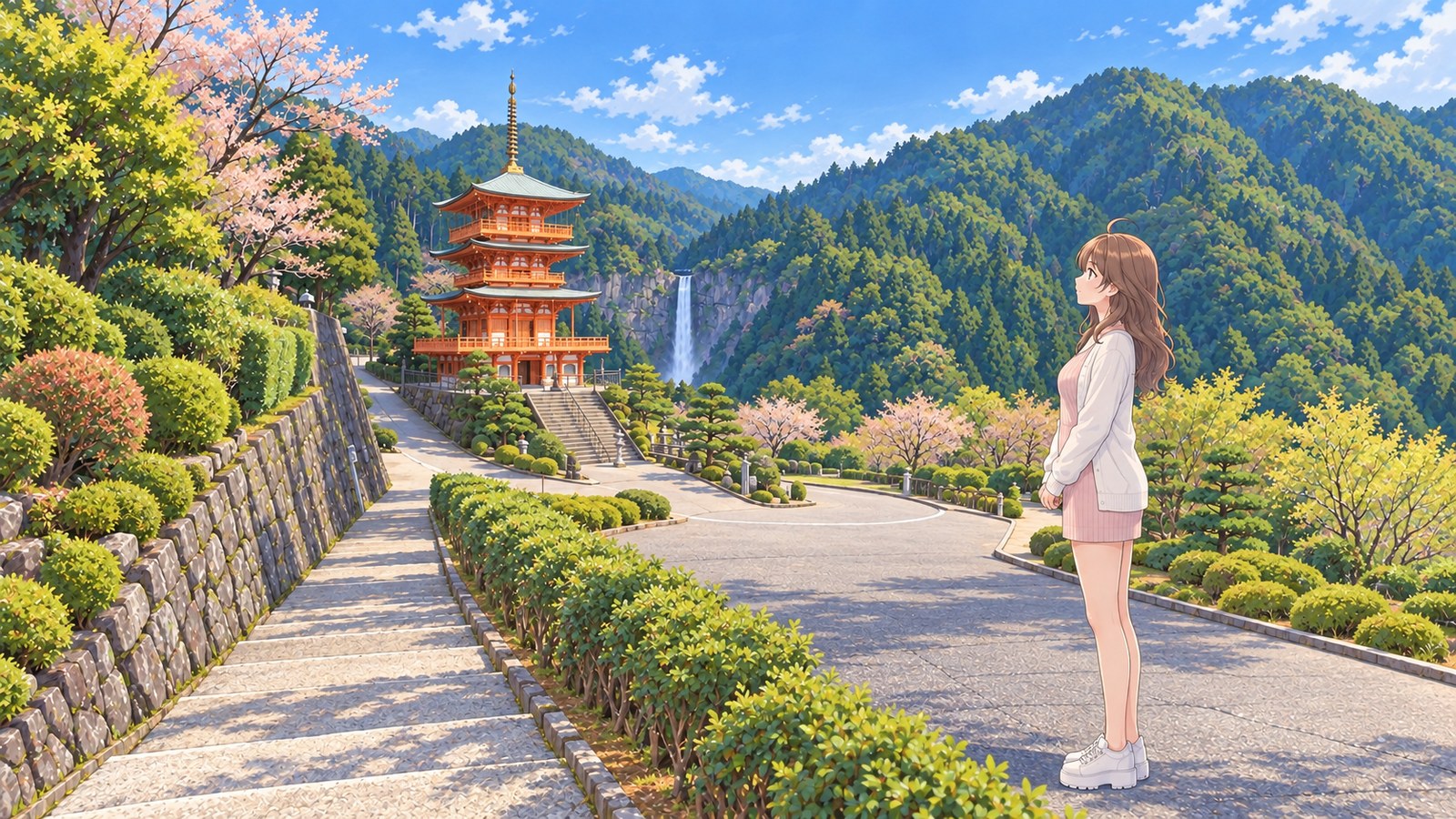 A woman stands in the grounds of Seiganto-ji Temple with her hands together in front of her, looking at Nachi Falls beyond the three-story pagoda