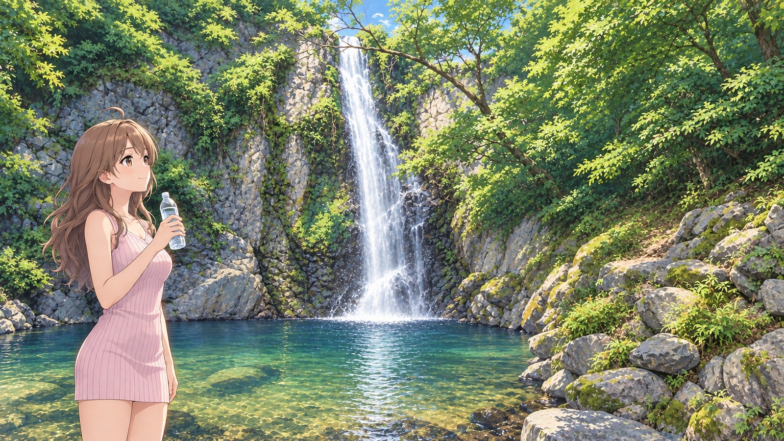 Me watching Minoh Falls among the summer trees, wearing a pale-pink sleeveless ribbed knit mini dress and holding a clear water bottle just below my mouth