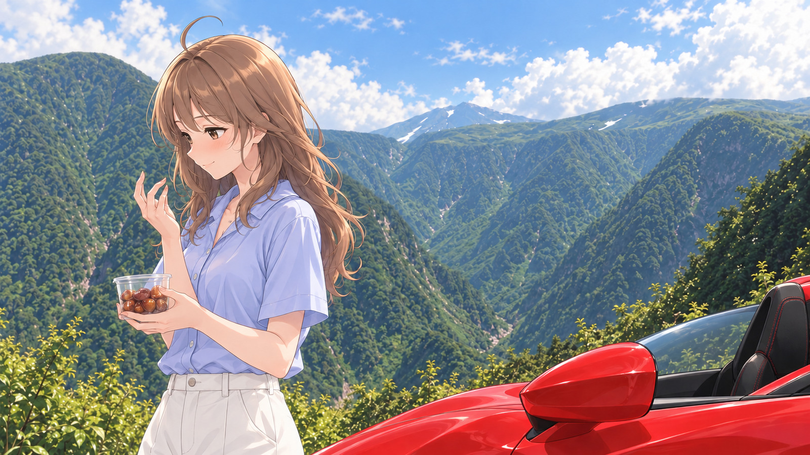 Against the snow-patched valleys of Mount Chokai, the heroine stands beside a red convertible, picking out a candied fig and smiling shyly at the syrup on her fingertips