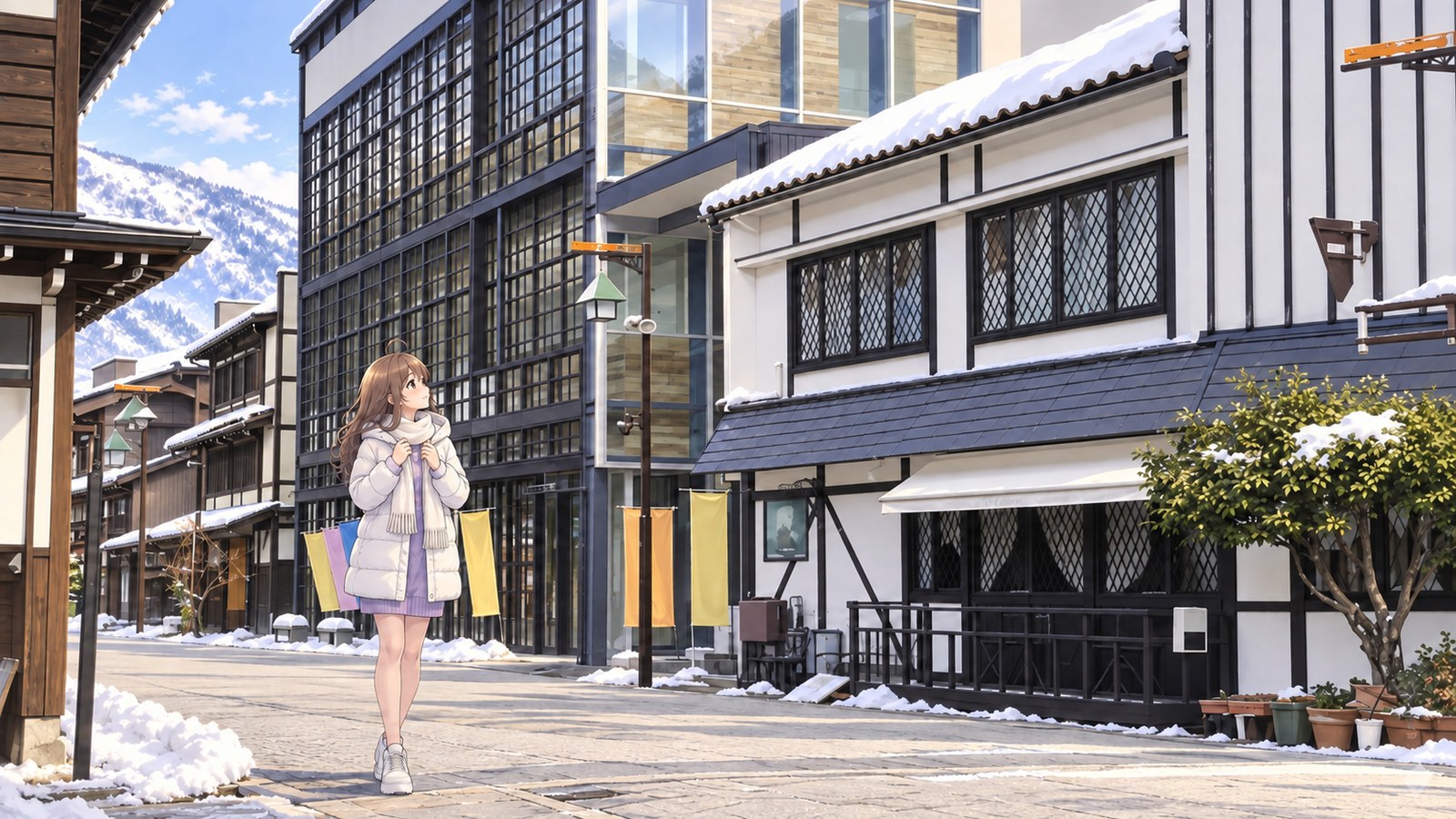 In Unazuki Onsen, snow remains on the rooftops and beside the pavement. A woman in a white down jacket, black tights and white sneakers adjusts her scarf with both hands and looks up.