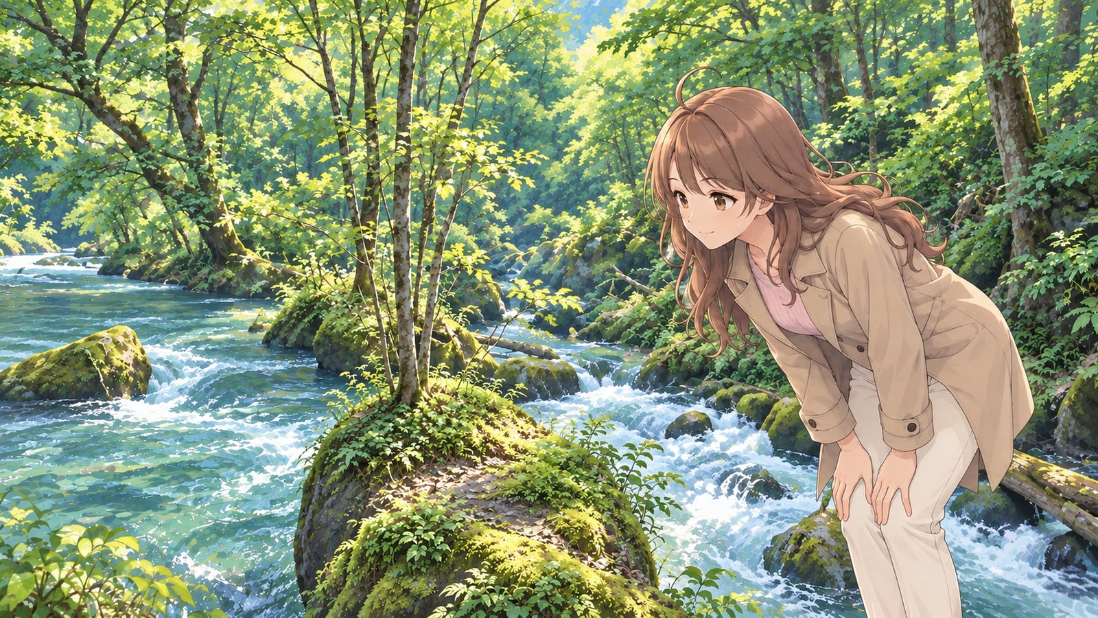 On the early-summer Oirase Stream trail, the heroine leans over to look at moss on a rock, both hands on her knees. Behind her are a rock with tree roots spreading across it and the Ashura Rapids flowing in separate channels on either side.