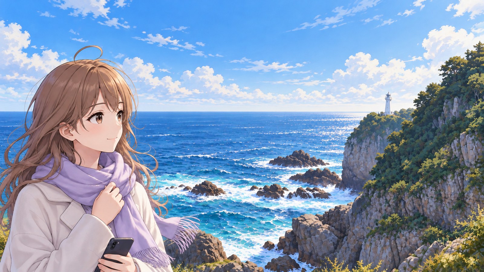 A chest-up view of the narrator looking out at the lighthouse and sea from Tengu no Hana at Ashizuri Cape in winter. She wears a white coat and holds a lavender scarf in one hand, with a black phone lowered in the other. A small white lighthouse stands on the cape in the distance to the right; the sea and reefs are in the center, with a cliff to the right.